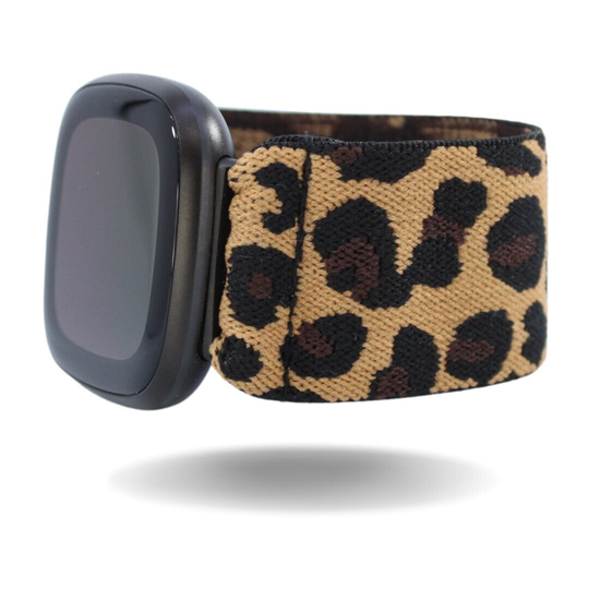 Elastic Fitbit Sense/Versa 3 Watch Band - Fits & Extra Wide Brown Leopard Animal Print Boho Chic Cheetah Holiday