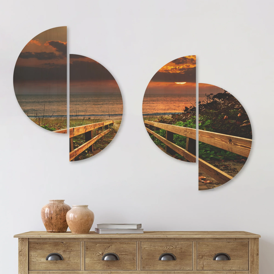 Designart 'Long Wooden Stairs into the Sea' Bridge Wood Wall Art Set of 4 Half Circles - Multi-Color