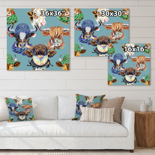 Designart 'Colorful Bulls On Blue' Patterned Canvas Wall Art Print