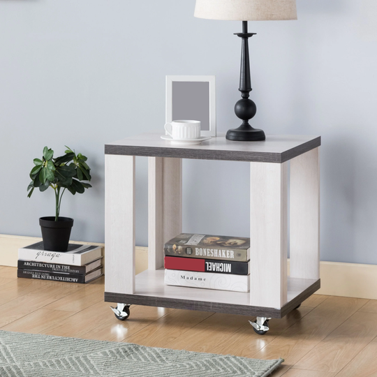 Q-Max Two-Toned End Table with Casters, Side Table with Bottom Shelf, White Oak and Distressed Grey Finish