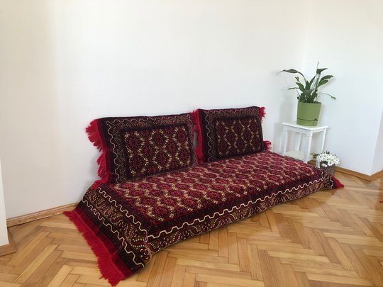 Arabic Sofa Set, Red Sectional Sofas, Floor Cushions, Pouffs Turkish Floor Seating Cover, 3 Piece Set 1x Bed + 2x Cushion Cover
