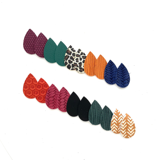 Tiny Teardrop Fall 2021 Colors Mixed Prints Leather Sample Pack, Palm Braided Beehive Embossed Earring Shapes, Diy Die Cut Blanks