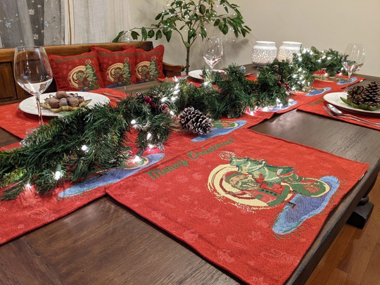 Set Of 8-Pieces Tapestry Dining Table Mats Whimsy Red Santa Claus Christmas Tree Woven - 4 Placemats, 2 Runners, Throw Pillow Covers