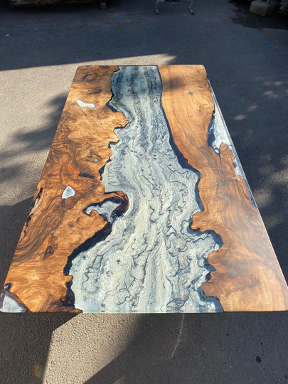 Epoxy Marble Table, Live Edge Custom 72" X 36" Walnut Wood Gray Effect For Kimberly H