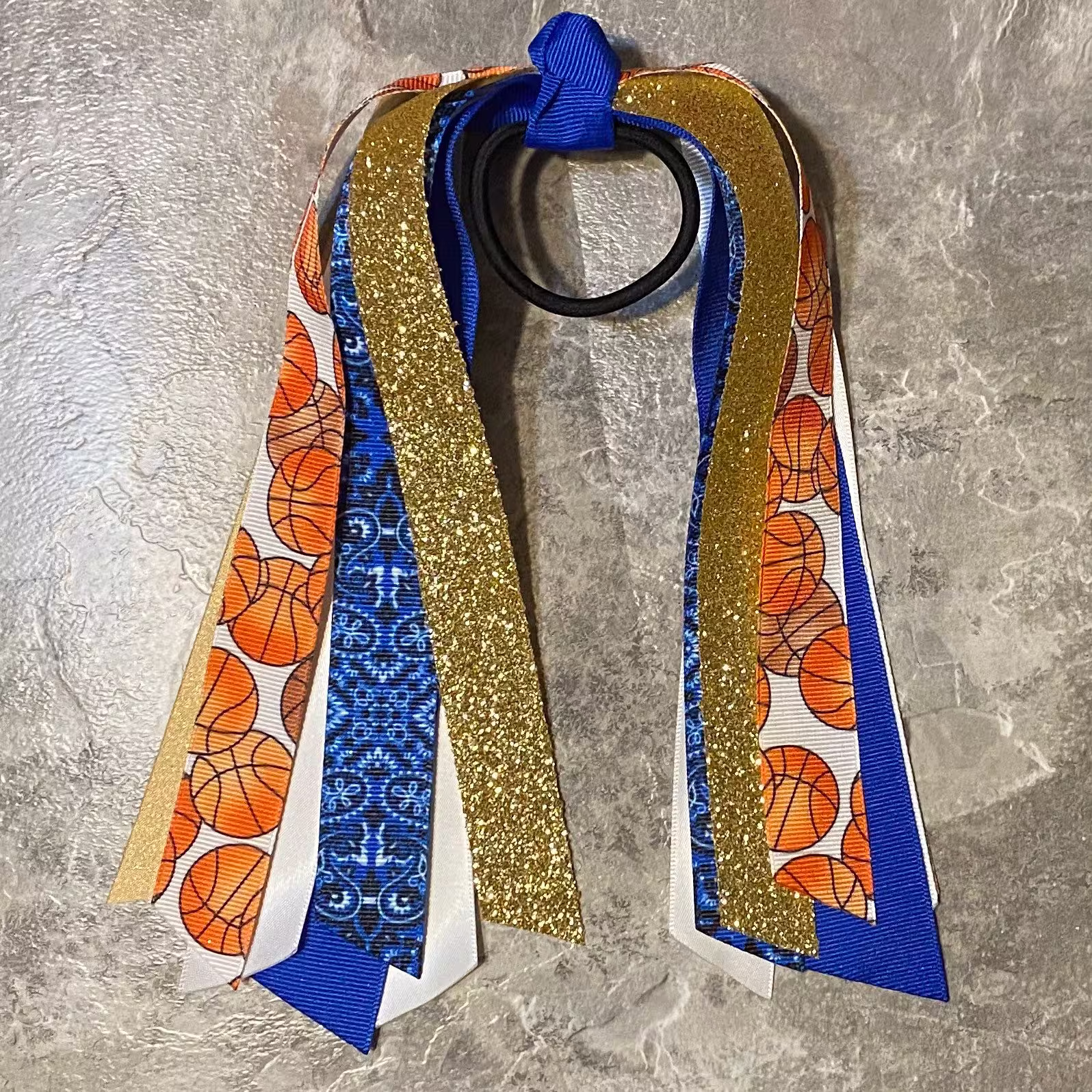 Choose Your Sport & Colors - Royal Blue Gold Basketball Bow, Hair Streamer, Ponytail Ribbon, Duke Tie, Volleyball, Softball