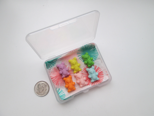 Set Of 6 Skeleton Gummy Bear Fake Food Novelty Pencil Erasers in Plastic Eraser Case