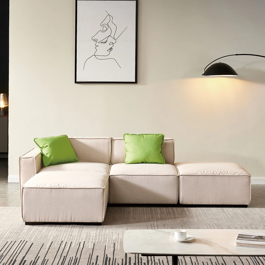 Convertible Modular Sectional Sofa for Living Room, Modern Linen Fabric L Shaped Couch with Reversible Ottoman & 2 Pillows