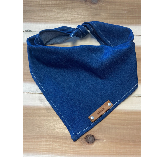 Dog Bandanas, Blue Jeans Denim Bandana, Traditional Tie, Personalized Leather Name Tag Scarf, Pet Accessories, Bandana