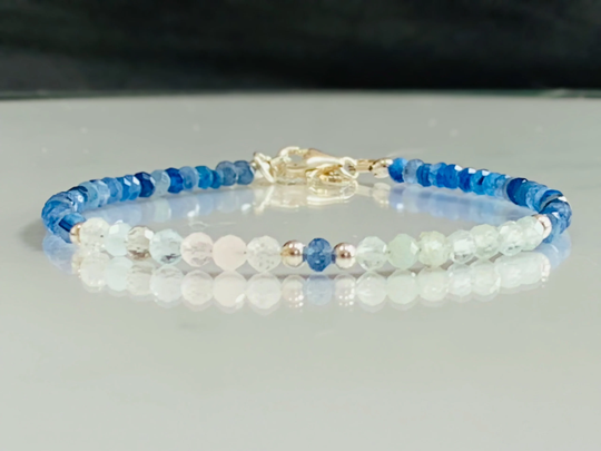 Natural Kyanite & Morganite Bracelet, Dainty 4mm Gemstone 925 Sterling Silver, & Crystal Bracelet