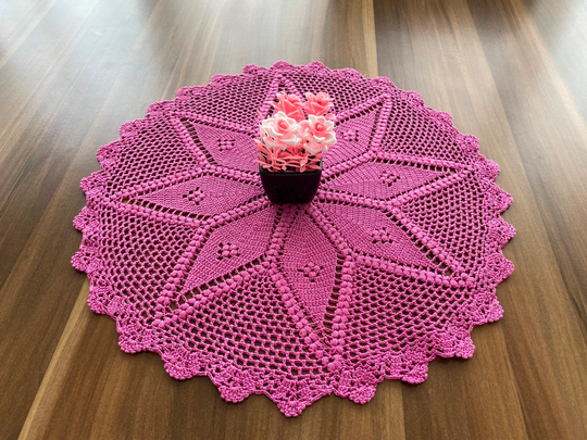 Hand Knitted Lace Coffee Table Or Tablecloth With Cotton Rope, Purple Tablecloth, Vintage Table Cover, Wall Decor, Textile
