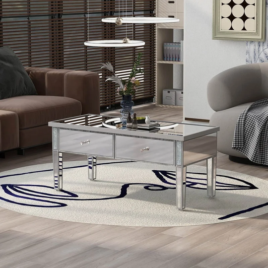 Modern Glass Mirrored Coffee Table with 2 Drawers, Cocktail Table with Crystal Handles and Adjustable Height Legs