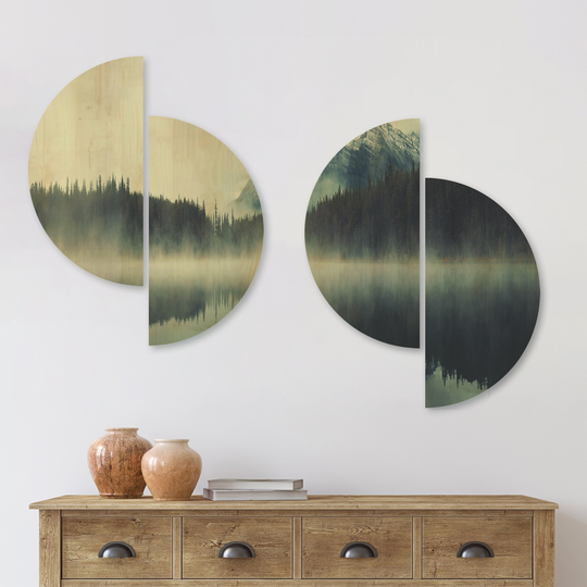 Designart 'Lake Herbert in Foggy Morning' Modern Seascape Wood Wall Art Set of 4 Half Circles - Multi-Color
