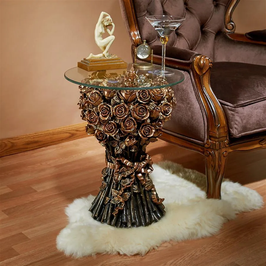 Design Toscano Table of Roses Glass-Topped Sculptural Table