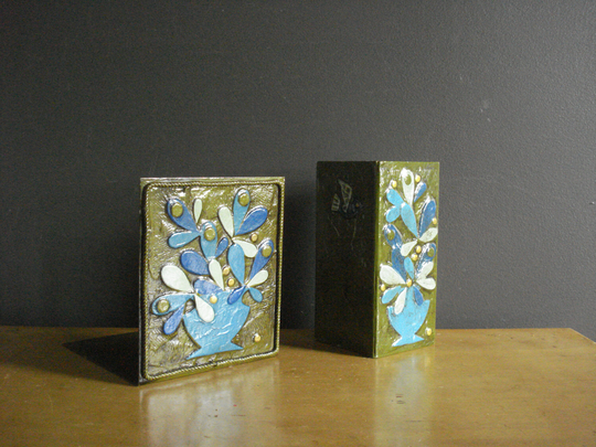 Vintage Fitz & Floyd Metal Paper Mache Bookend Pencil Cup - Green Blue Retro Flower Bird Pattern Desk Accessories