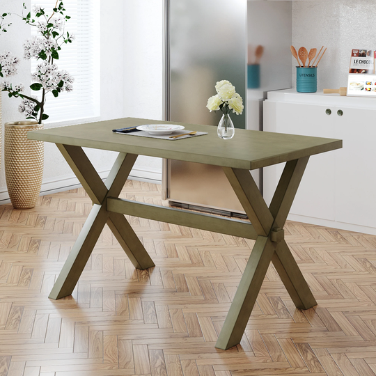 Farmhouse Rustic Wood Kitchen Dining Table with X-shape Legs, Gray Green
