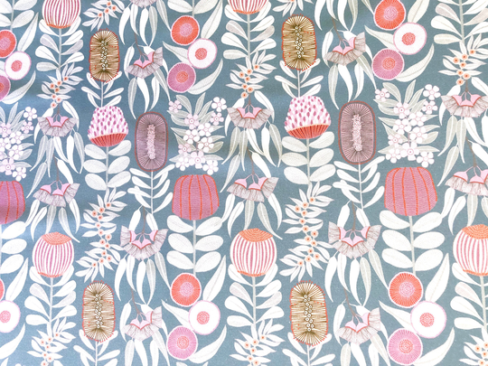Aussie Native Flora Botanical Dusty Blue Quilting Cotton Fabric By 1/4 Yard, 1/2 Yard Or Fat Quarter, Banksia Wattle Bottlebrush
