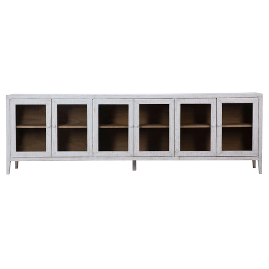 Ellie 109-inch Long Reclaimed Pine and Glass 6-Door Sideboard in Distressed White Wash
