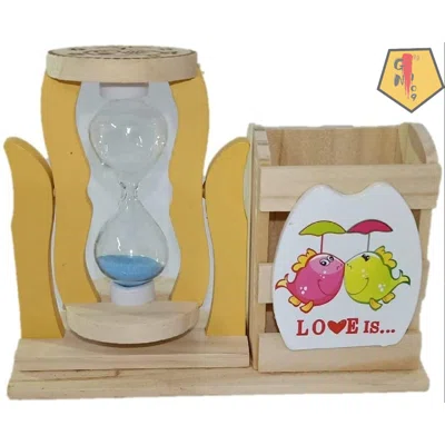 Handmade Pen/Pencil Stand In Antique Design With Sand Timer, Pen And Pencil Holder Made Of Wooden, Desk Accessories Item With Multipurpose Use | Gift