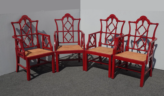 Set Of Four Mid Century Red Chinese Chippendale Chinoiserie Cane Seat Arm Chairs