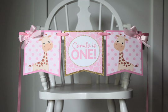 Giraffe Girl High Chair Banner, Jungle Decoration, Pink & Gold First Birthday Party