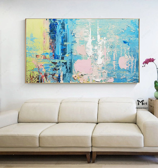 Colorful Abstract Painting Blue & Green Textured Bright Wall Art Original Hand Painted Modern