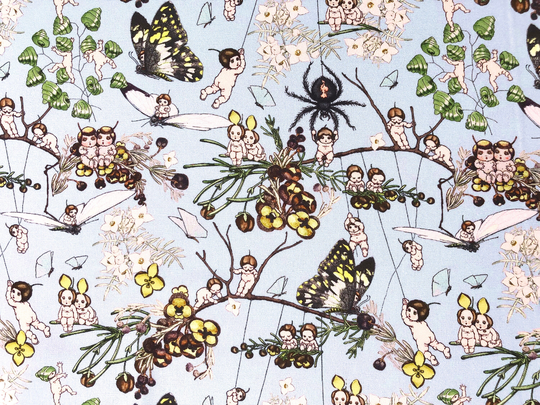 May Gibbs Gumnut Babies, Butterfly & Spider Blue Quilting Organic Cotton Fabric By 1/2 Yard Or Fat Quarter, Australian Children