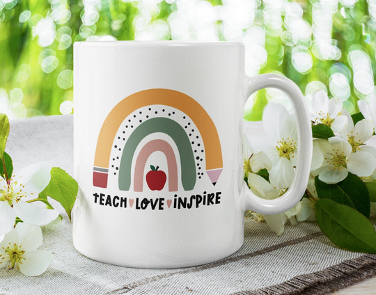 Teach Love Inspire, Teacher Pencil Rainbow Cute Coffee Mug | 11 Or 15Oz - Beautiful Premium Quality Gift Idea | All White With Color