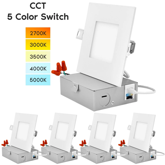 Luxrite 4" Square LED Recessed Lighting, Color Temperature Selectable 2700K / 3000K / 3500K / 4000K / 5000K, 4-Pack