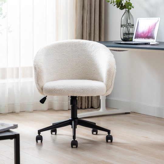 Home Office Chair, Mid Back Swivel Desk Chair Adjustable Computer Chair with Black Base, Vanity Makeup Furry Chair,White