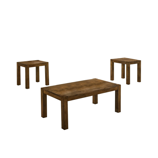 3 Piece Wooden Coffee Table and End Table with Block Legs, Brown