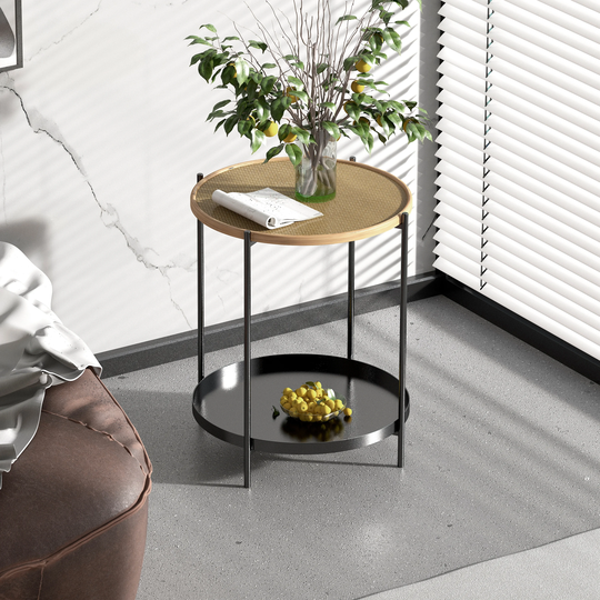 Round Side Art Table , Rattan & Iron Material , Suitable For Living Room , Bedroom , Study and Other Living Spaces