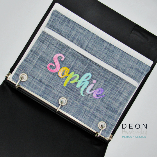 Personalized Pencil Pouch - Rainbow Name, 3 Ring Binder Pouch, Kids Case, Zipper School Supply Bag, Waterproof Lining