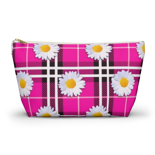 Pink Plaid & Daisies Pouch, Cosmetic Bag, Pencil Case