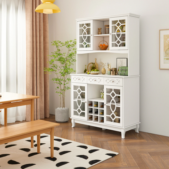 Glass Doors Home Office Storage Cabinet Kitchen Hutch White Lacquer