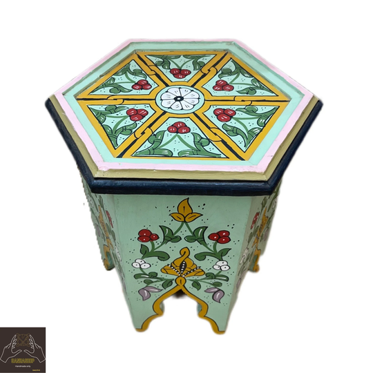 Summer Turquois Table, Wood Not Mdf Table, Hexagonal Moroccan Hand-Painted Hand Painted Table, Moroccan Tea Boho