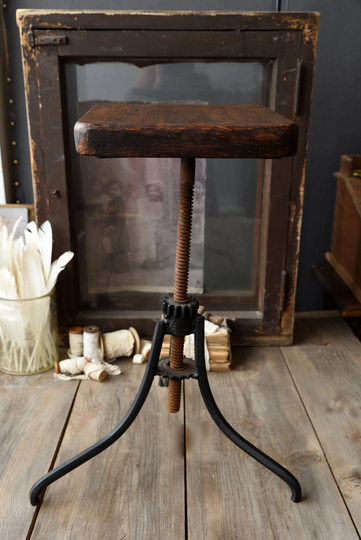 Vintage Industrial Stool, Rustic Red Chair, Piano Seating, Round Top Seat, Metal Industrial Desk Office Stool