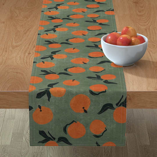 Retro Oranges Table Runner - Mod Clementines On Green By Erin Kendal Medium Scale Cotton Sateen Spoonflower