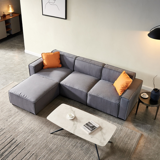 100% Polyester Upholstery L-Shape 4 Seat Sectional Sofa Set Livingroom Modular Lounge Chaise Linen Couch with Ottoman&2 Pillows