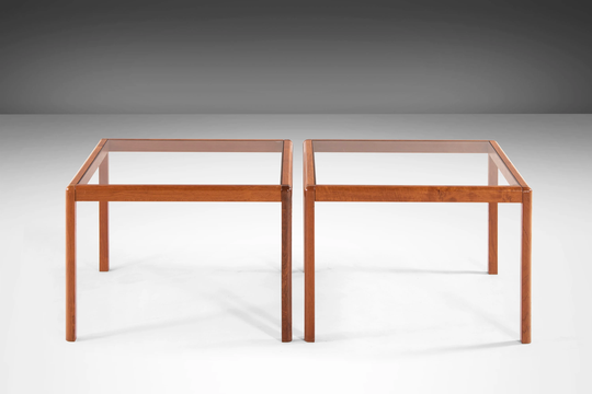 Minimalist Danish Modern Teak End Tables With Smoked Glass Tops, C. 1970's