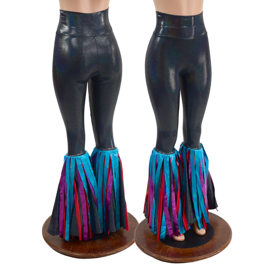 High Waist Bell Bottom Flares in Black Holographic With Gladiator Fringe Red Sj, Peacock & Fuchsia Sj 157833