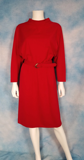 Vintage 80S Crimson Jersey Midi Knee Length Pencil Dress W Mockneck & Dolman Sleeves, Matching Gold Buckle Belt/ Petites By Wili/ Size M