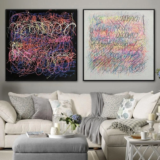 Jackson Pollock Style Painting Colorful Original Paintings On Canvas Set Of 2 Textured Abstract Fine Art Wall For Living Room Decor