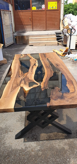 Live Edge Table, Epoxy Dining Resin Custom 90" X 43" Walnut Smokey Gray River Order For Paula