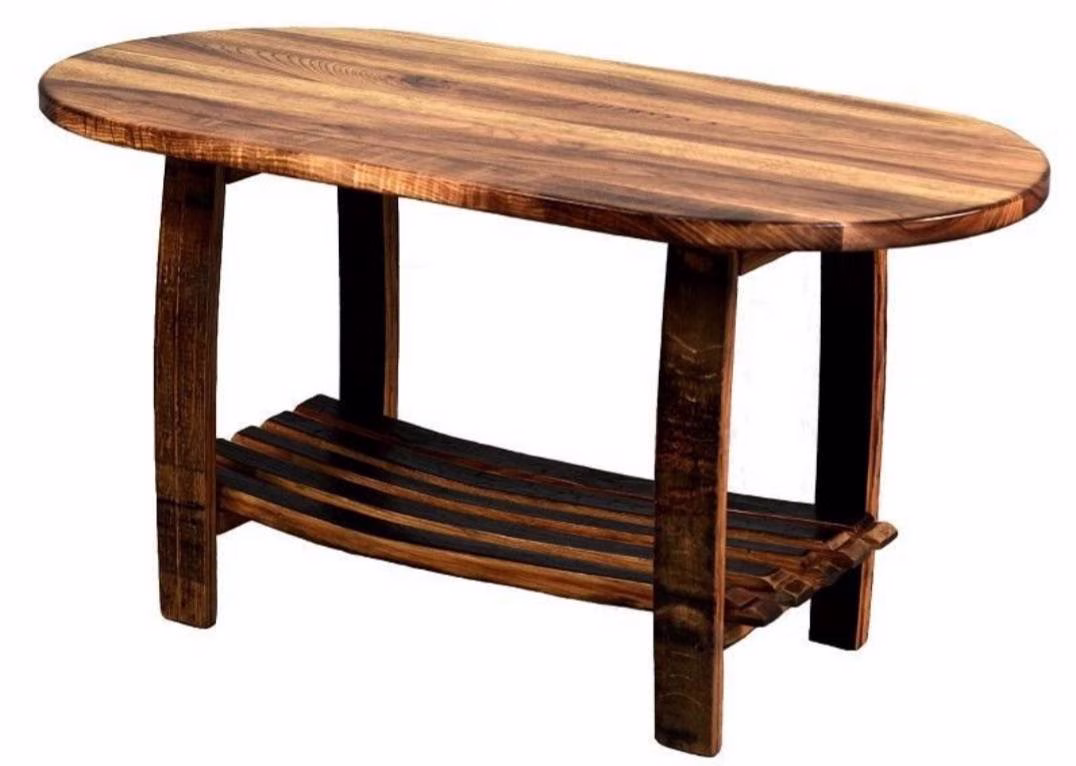 Whiskey Barrel Stave Coffee Table With Shelf & Authentic Legs, Free Shipping