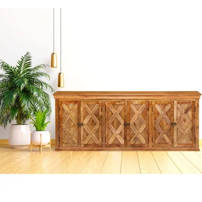 94 Inch Rustic X Hand Carved 6 Door Sideboard Buffet