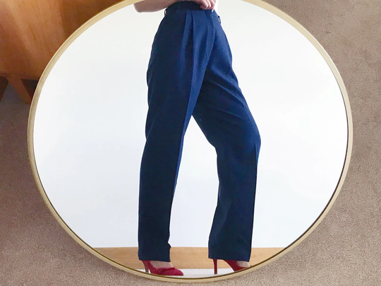 Vintage Wool Pants Slacks Trousers Minimalist High Waist Pleated Dark Blue Capsule Wardrobe Pencil Straight Size M