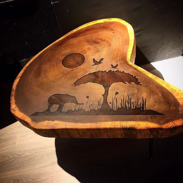 Coffee/Side/End Iroko Table Wood Raund/Epoxy Resin Live Edge Rustic Unique Custom Reclaimed Luxury Wooden/Solid Slab Kitchen/Sehpa Table