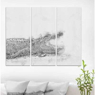 'Black and White Crocodile Pencil Sketch' Oil Painting Print Multi-Piece Image on Wrapped Canvas