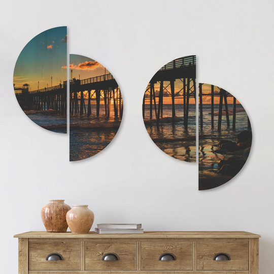 Designart 'Pacific Ocean Sunset Oceanside Pier' Modern Seascape Wood Wall Art Set of 4 Half Circles - Multi-Color