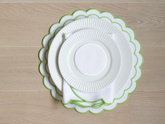 White Linen Round Table Mats With Scallop Edges in Light Green For Decor Set Of 2, 4 Or 6